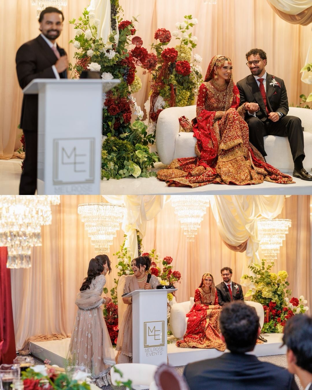 Bride and groom on the stage during speeches at a cultural wedding at Melrose Events